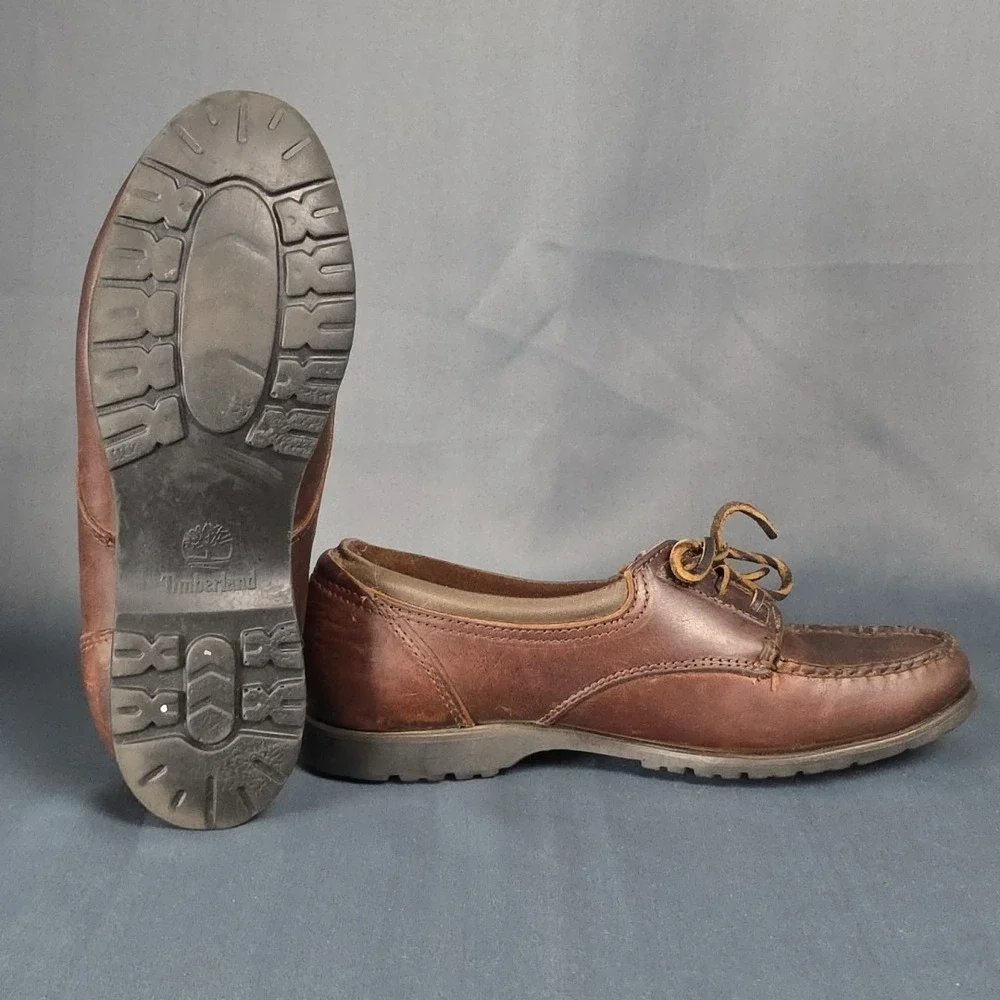 Vintage Timberland Boat Shoes Brown Waterproof Leather Size 7M 90's Y2K Made USA